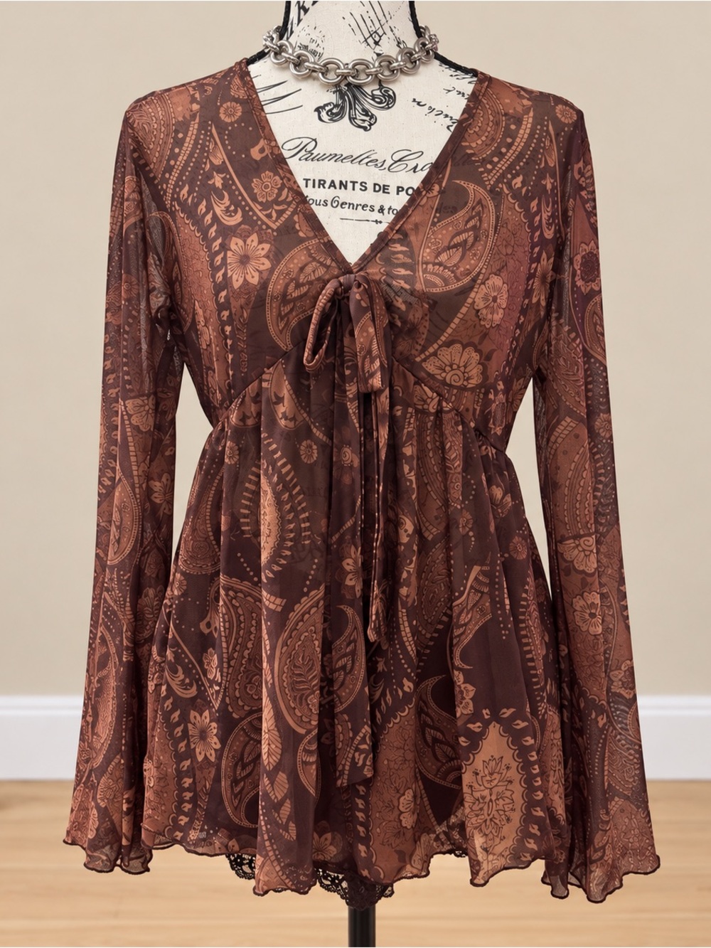 SHEIN Brown Paisley Tie-Front Long Sleeve Top